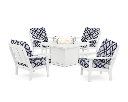 POLYWOOD® Mission 5-Piece Deep Seating Set with Fire Pit Table in White / Trellis Navy