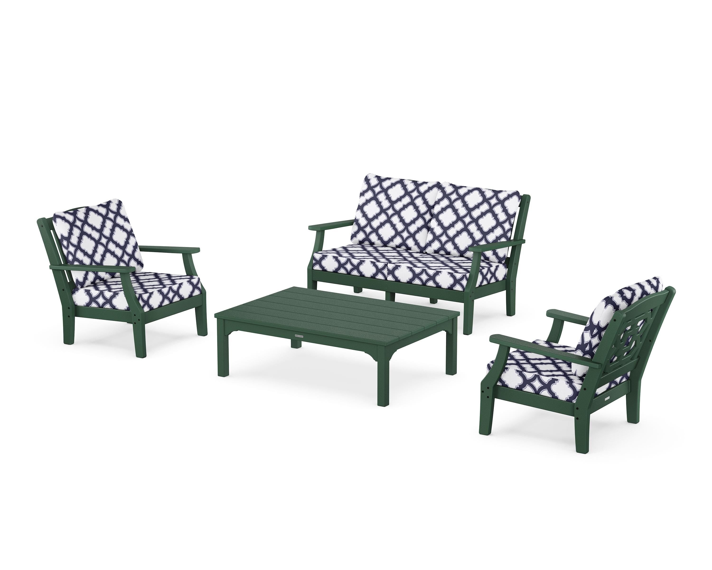Martha Stewart by POLYWOOD® Chinoiserie 4-Piece Deep Seating Set with Loveseat in Green / Trellis Navy
