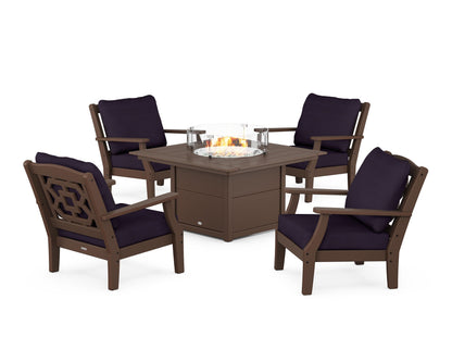 Martha Stewart by POLYWOOD® Chinoiserie 5-Piece Deep Seating Set with Fire Pit Table in Mahogany / Navy Linen