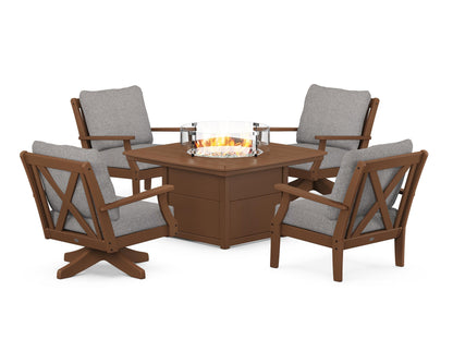 POLYWOOD® Braxton 5-Piece Deep Seating Set with Fire Table in Teak / Grey Mist