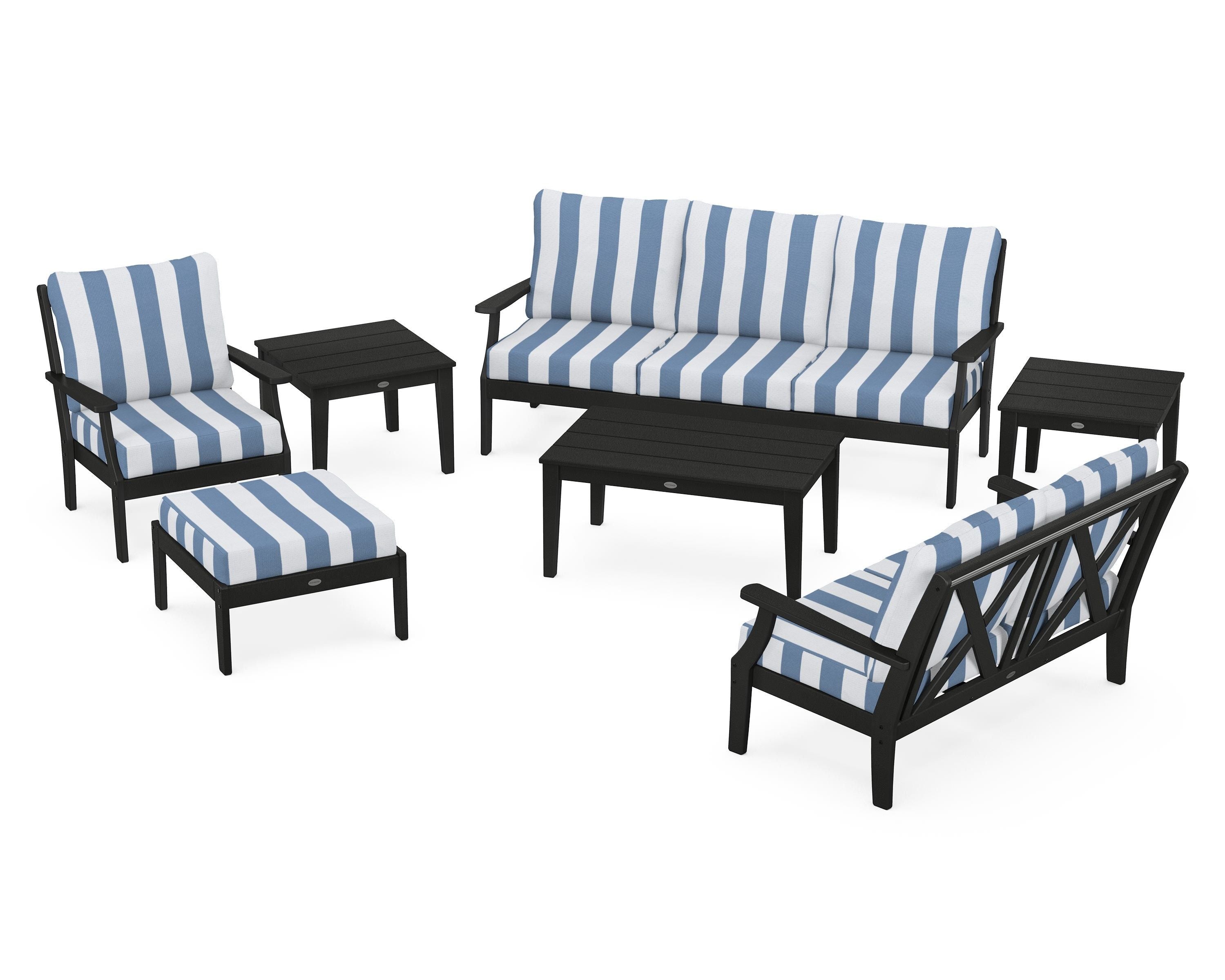 POLYWOOD® Braxton 7-Piece Deep Seating Set in Black / Cabana Stripe Sky Blue