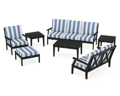 POLYWOOD® Braxton 7-Piece Deep Seating Set in Black / Cabana Stripe Sky Blue