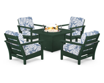 POLYWOOD® Harbour 5-Piece Conversation Set with Fire Pit Table in Green / Leaf Sky Blue