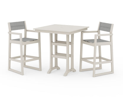 POLYWOOD® EDGE Sling Arm Chair 3-Piece Farmhouse Bar Set with Trestle Legs in Sand / Metallic Sling