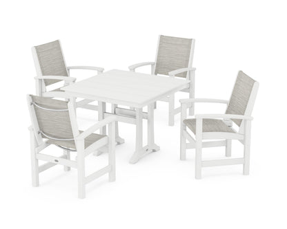 POLYWOOD® Coastal 5-Piece Farmhouse Dining Set With Trestle Legs in White / Birch Sling