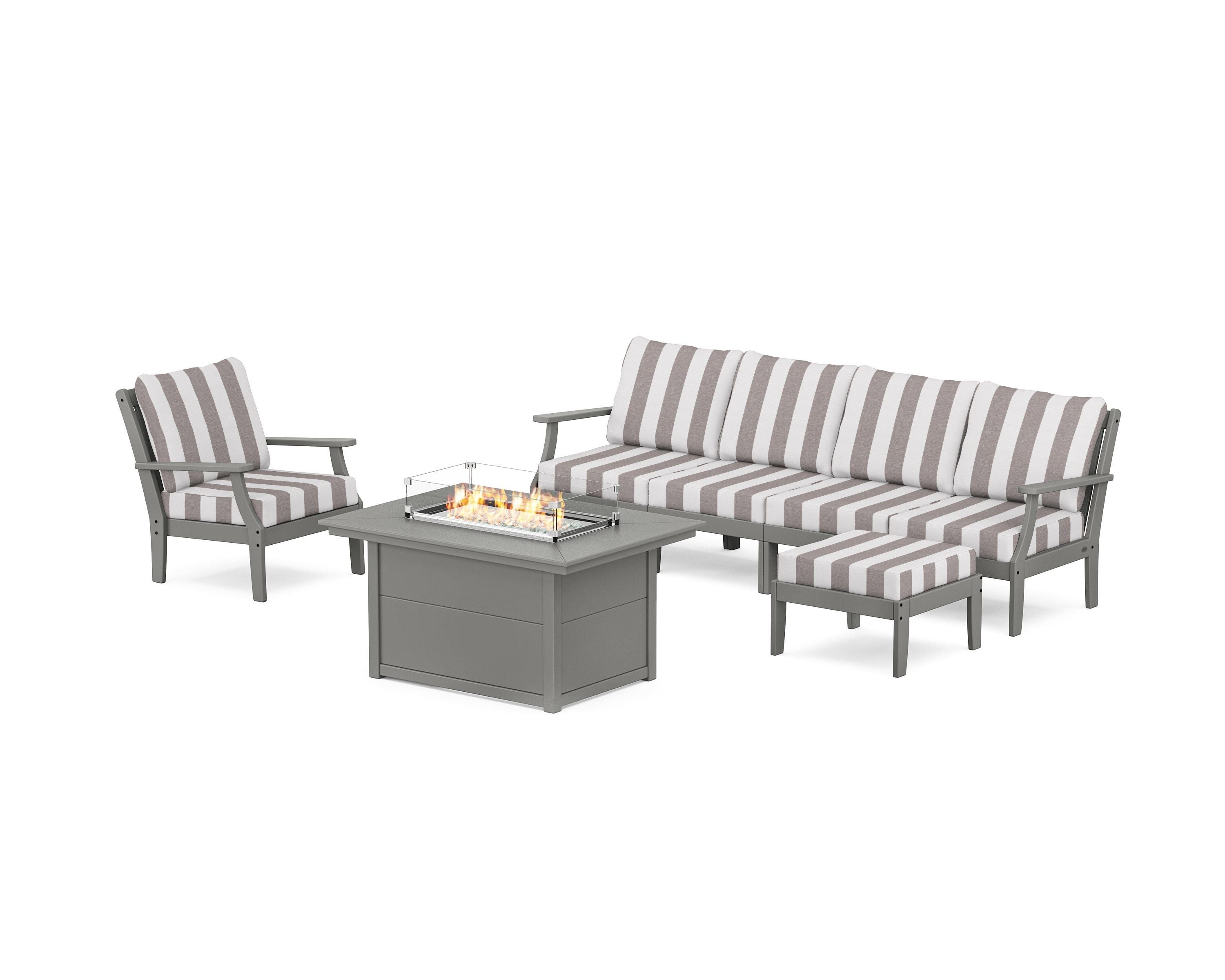 POLYWOOD® Braxton Sectional Lounge and Fire Pit Set in Slate Grey / Cabana Stripe Grey Mist