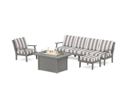 POLYWOOD® Braxton Sectional Lounge and Fire Pit Set in Slate Grey / Cabana Stripe Grey Mist