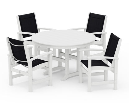 POLYWOOD® Coastal 5-Piece Round Farmhouse Dining Set in White / Black Sling
