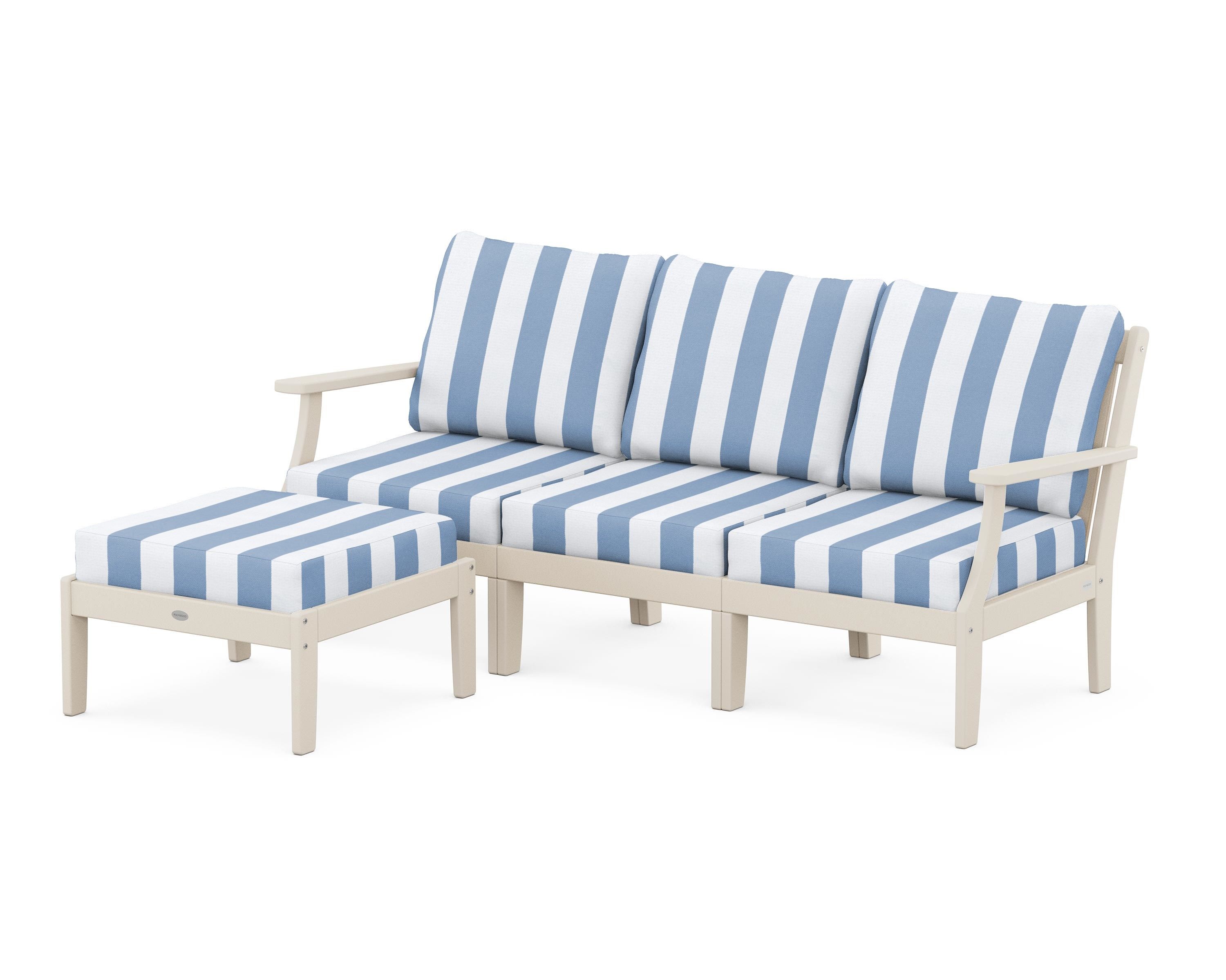 POLYWOOD® Braxton Modular 4-Piece Deep Seating Set with Ottoman in Sand / Cabana Stripe Sky Blue