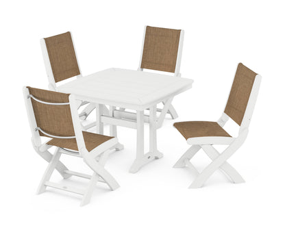 POLYWOOD® Coastal Folding Side Chair 5-Piece Dining Set with Trestle Legs in White / Burlap Sling