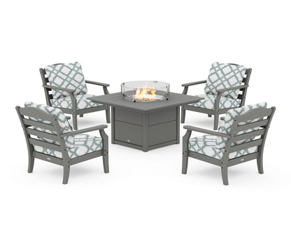 Draper James™ by  POLYWOOD® Savannah 5-Piece Deep Seating Set with Fire Pit Table in Slate Grey / Trellis Glacier Spa