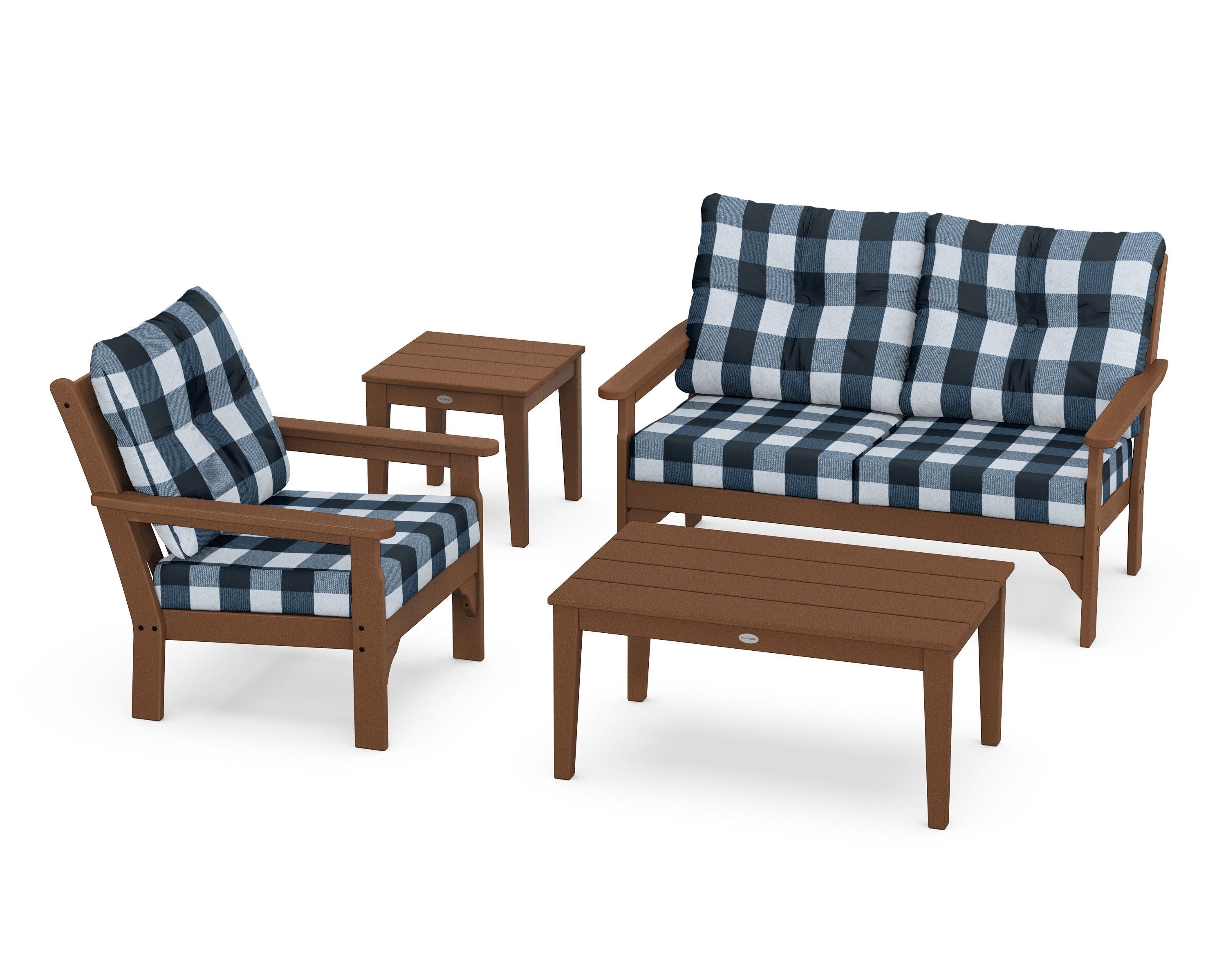 POLYWOOD® Vineyard 4-Piece Deep Seating Set in Teak / Buffalo Plaid Marine Indigo