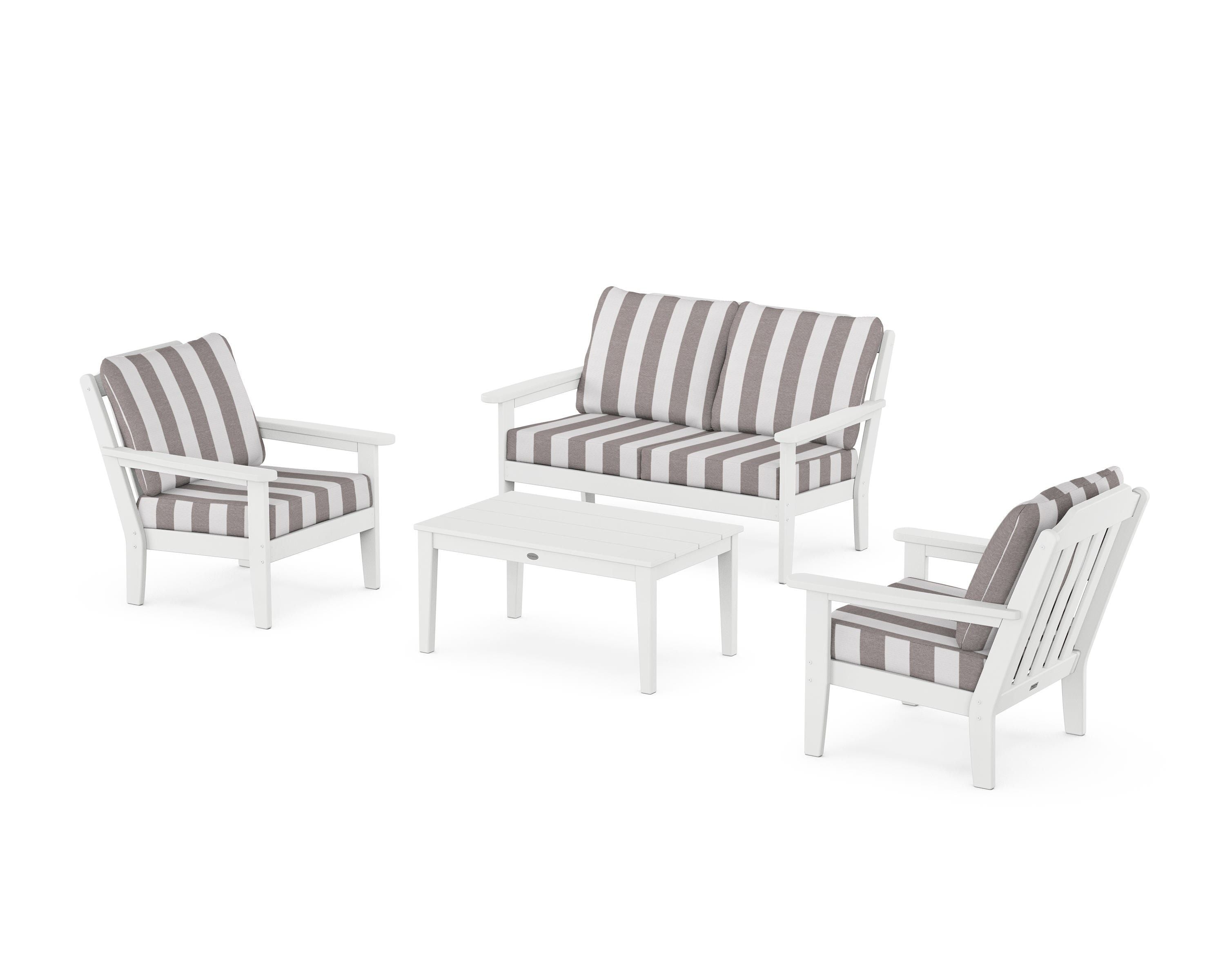 Country Living Cottage 4-Piece Deep Seating Set with Loveseat in White / Cabana Stripe Grey Mist