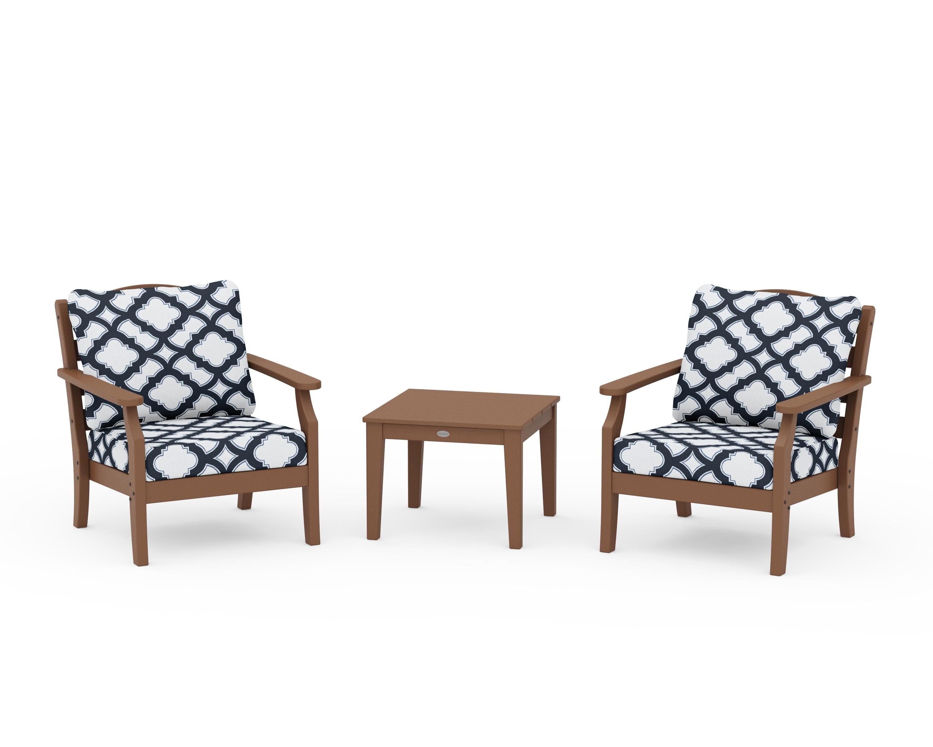 Draper James™ by  POLYWOOD® Savannah 3-Piece Deep Seating Set in Teak / Trellis Marine Indigo