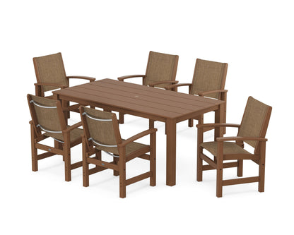 POLYWOOD® Coastal 7-Piece Parsons Dining Set in Teak / Burlap Sling