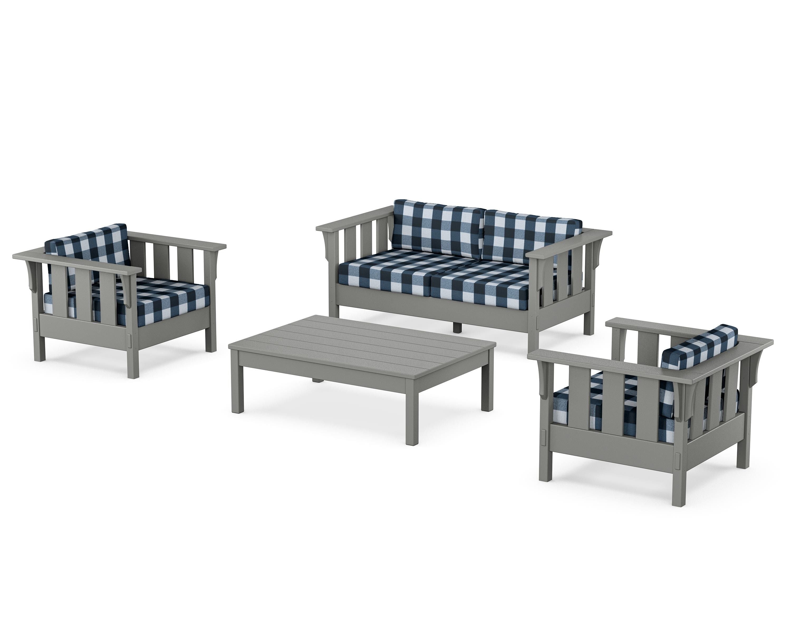 Martha Stewart by POLYWOOD® Acadia 4-Piece Deep Seating Set with Loveseat in Slate Grey / Buffalo Plaid Marine Indigo
