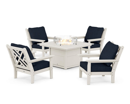 POLYWOOD® Chippendale 5-Piece Deep Seating Set with Fire Pit Table in Sand / Marine Indigo