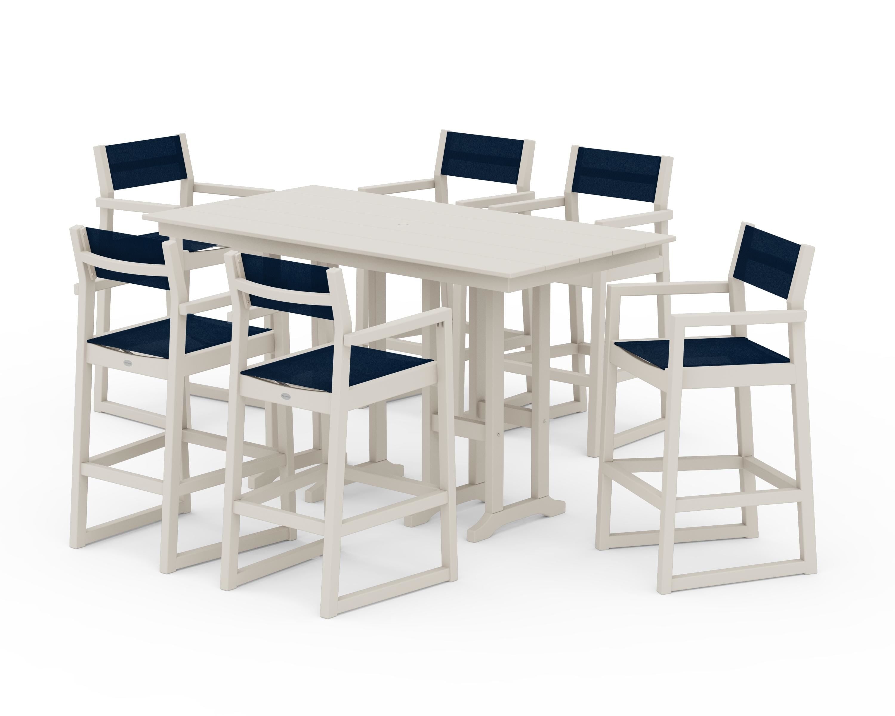 POLYWOOD® EDGE Sling Arm Chair 7-Piece Farmhouse Bar Set in Sand / Navy Blue Sling