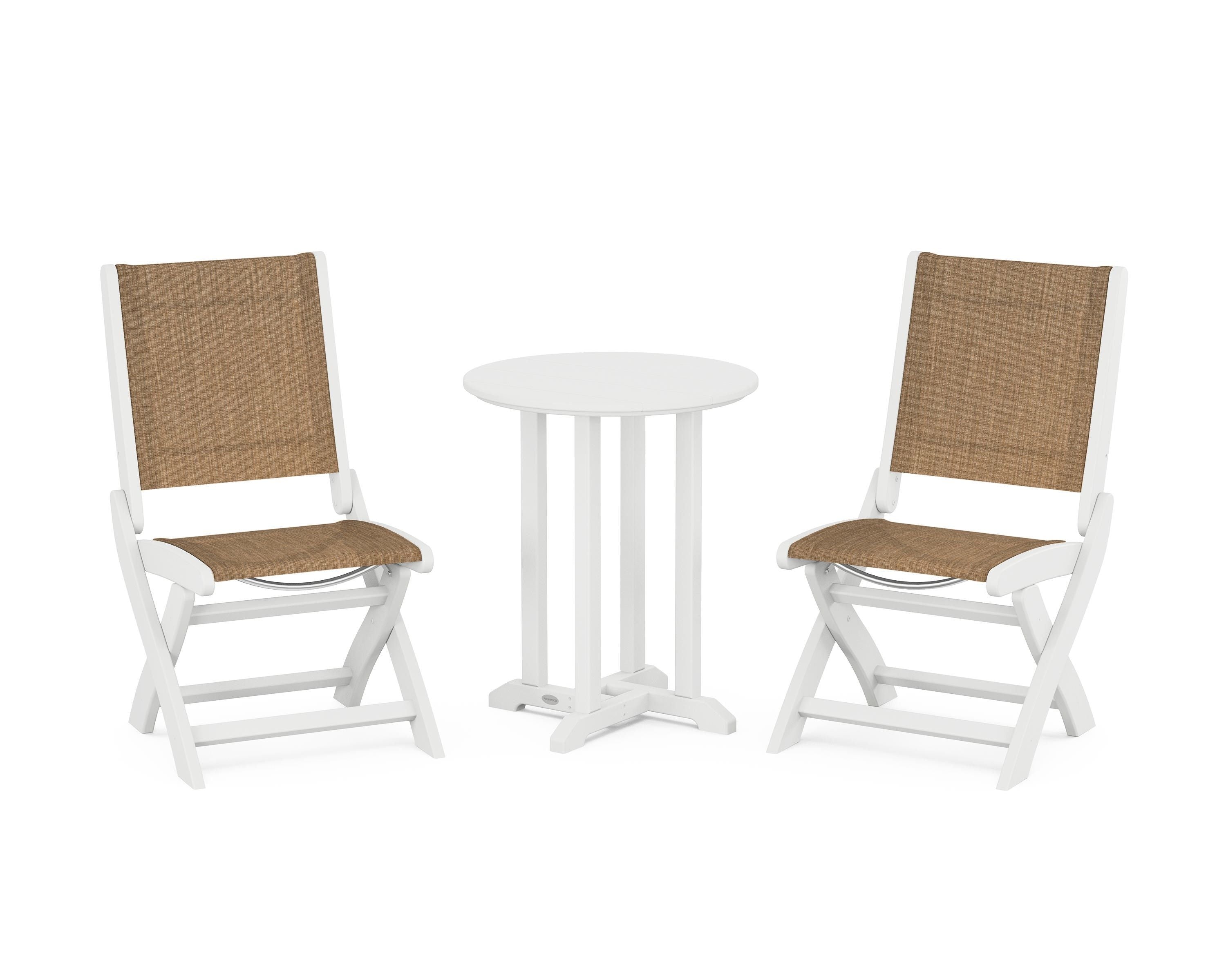 POLYWOOD® Coastal Folding Side Chair 3-Piece Round Bistro Dining Set in White / Burlap Sling