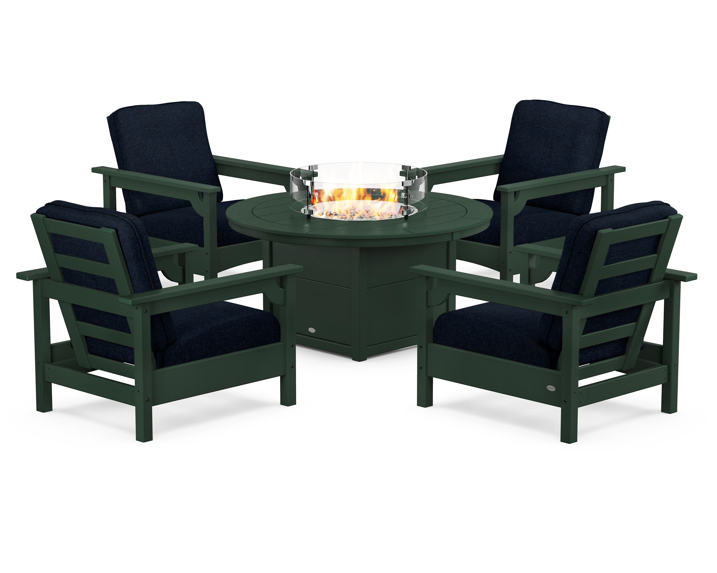POLYWOOD® Club 5-Piece Conversation Set with Fire Pit Table in Green / Marine Indigo