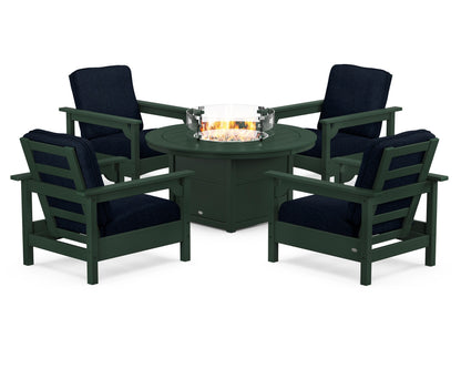 POLYWOOD® Club 5-Piece Conversation Set with Fire Pit Table in Green / Marine Indigo