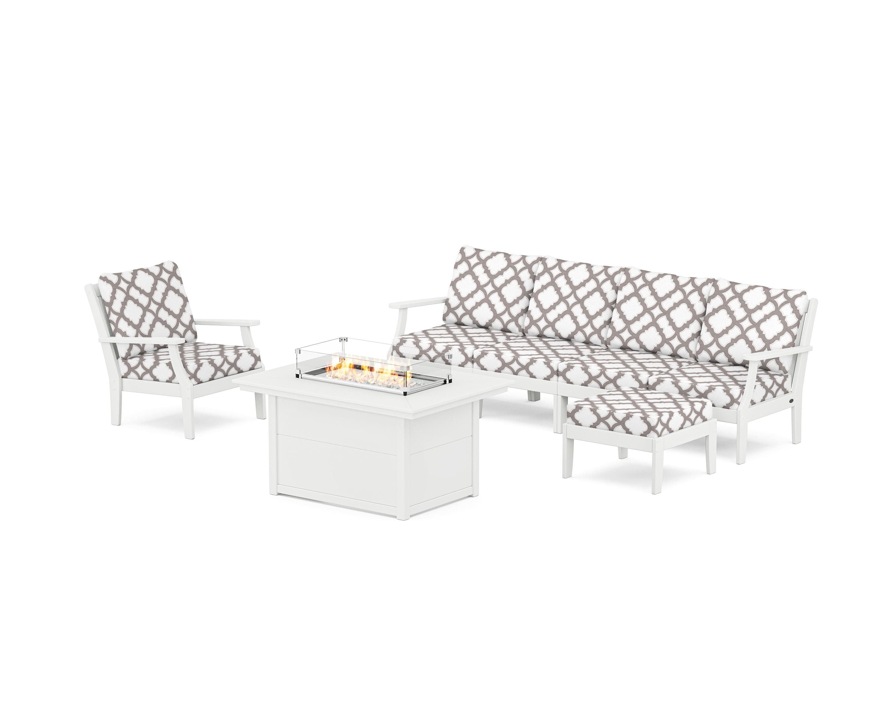 POLYWOOD® Braxton Sectional Lounge and Fire Pit Set in White / Trellis Grey Mist