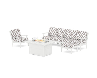 POLYWOOD® Braxton Sectional Lounge and Fire Pit Set in White / Trellis Grey Mist