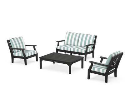 Martha Stewart by POLYWOOD® Chinoiserie 4-Piece Deep Seating Set with Loveseat in Black / Cabana Stripe Glacier Spa
