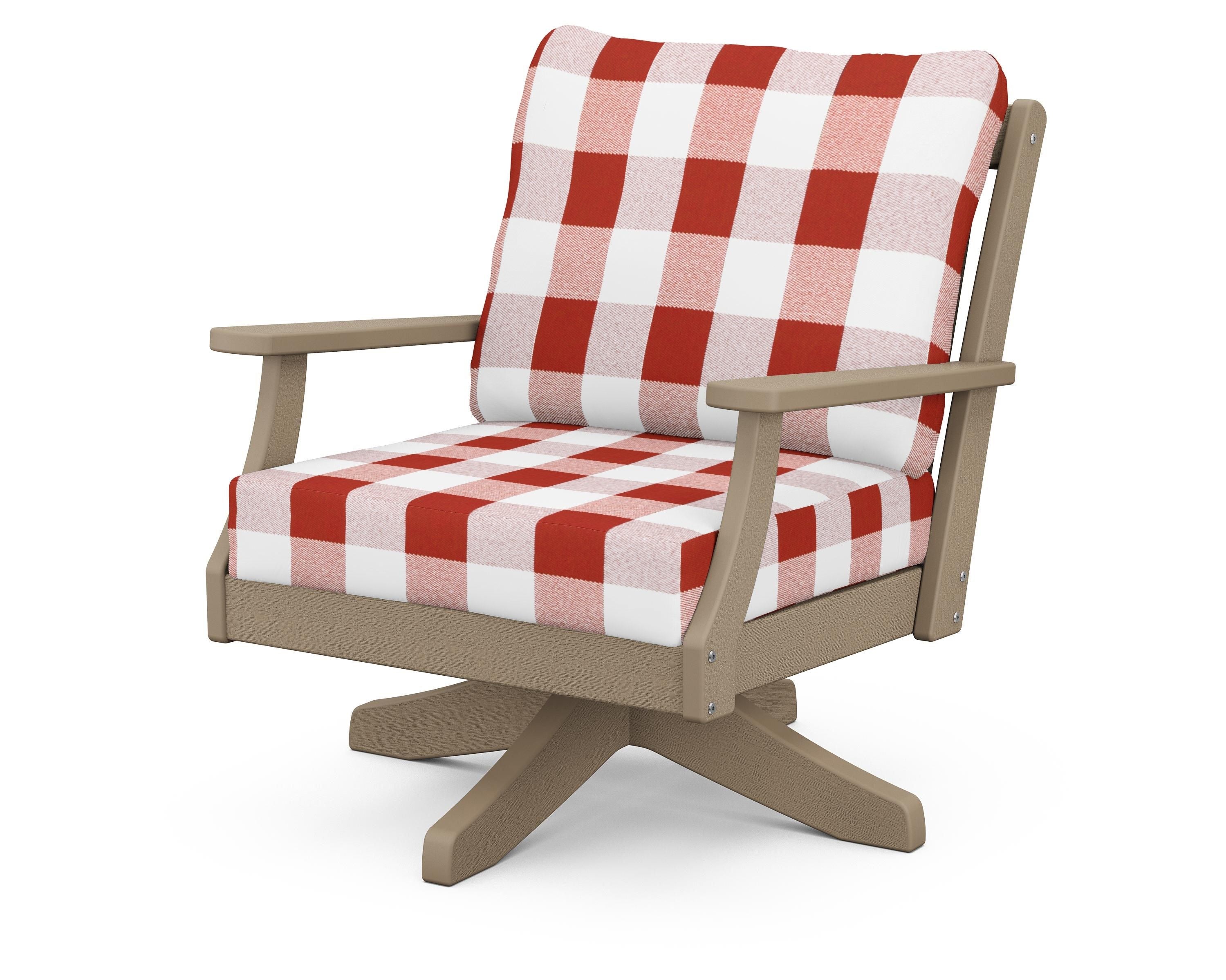 POLYWOOD® Braxton Deep Seating Swivel Chair in Vintage Sahara / Buffalo Plaid Crimson