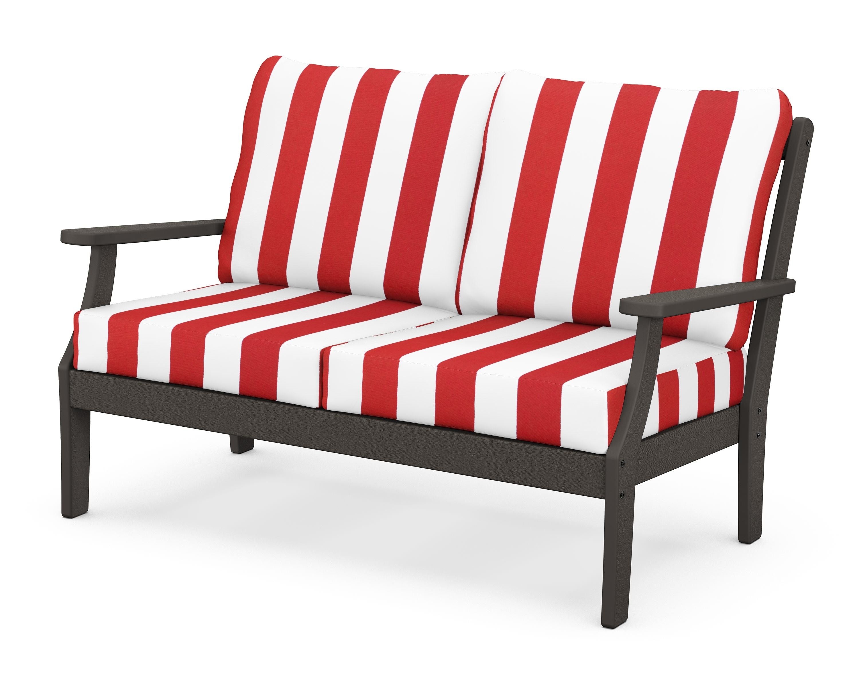 POLYWOOD® Braxton Deep Seating Loveseat in Vintage Coffee / Cabana Stripe Crimson