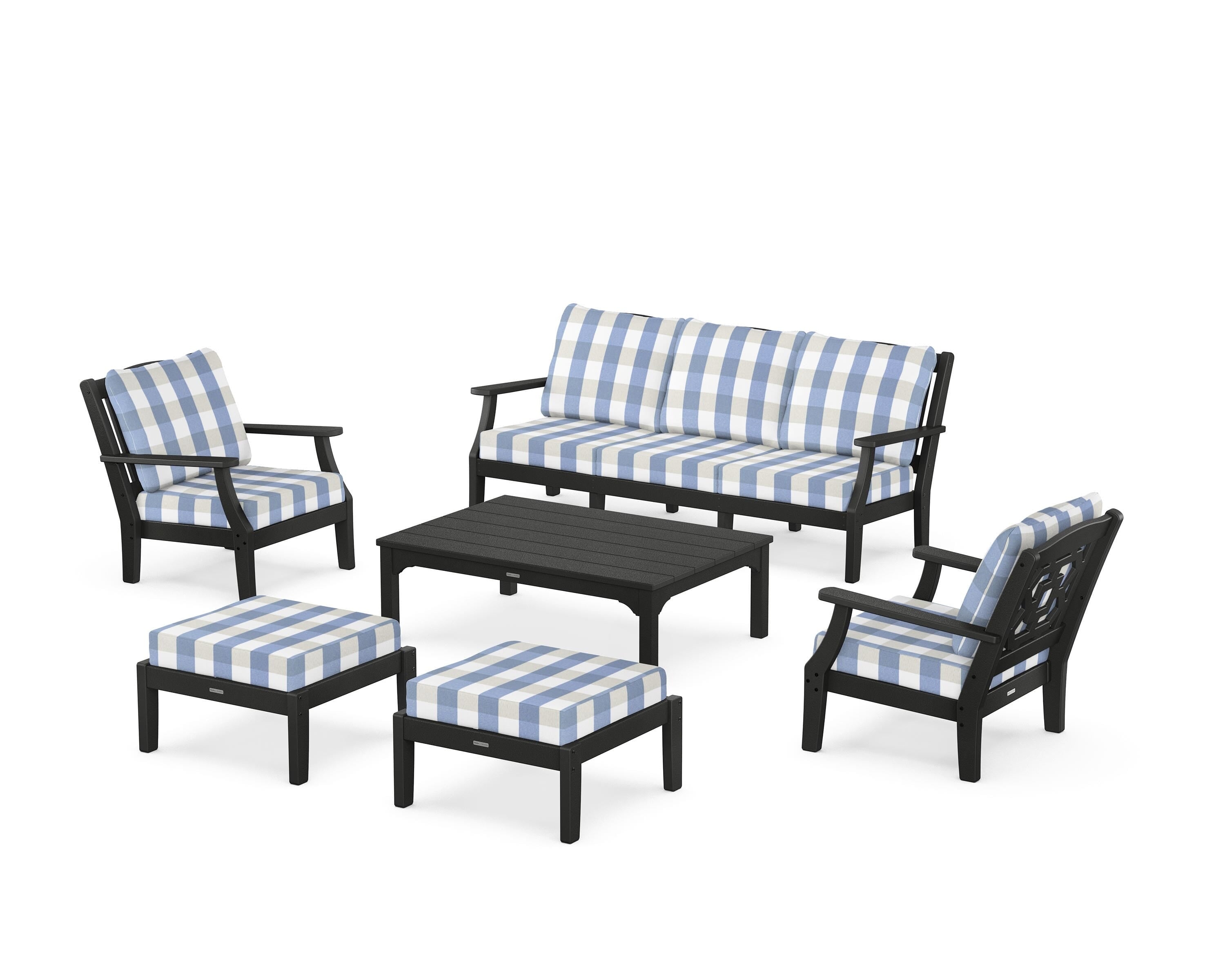Martha Stewart by POLYWOOD® Chinoiserie 6-Piece Lounge Sofa Set in Black / Buffalo Plaid Sky Blue