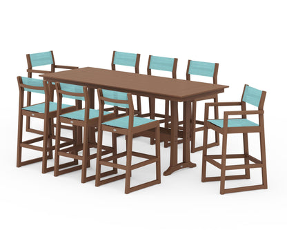 POLYWOOD® EDGE Sling 9-Piece Farmhouse Bar Set with Trestle Legs in Teak / Dupioni Aquamarine Sling
