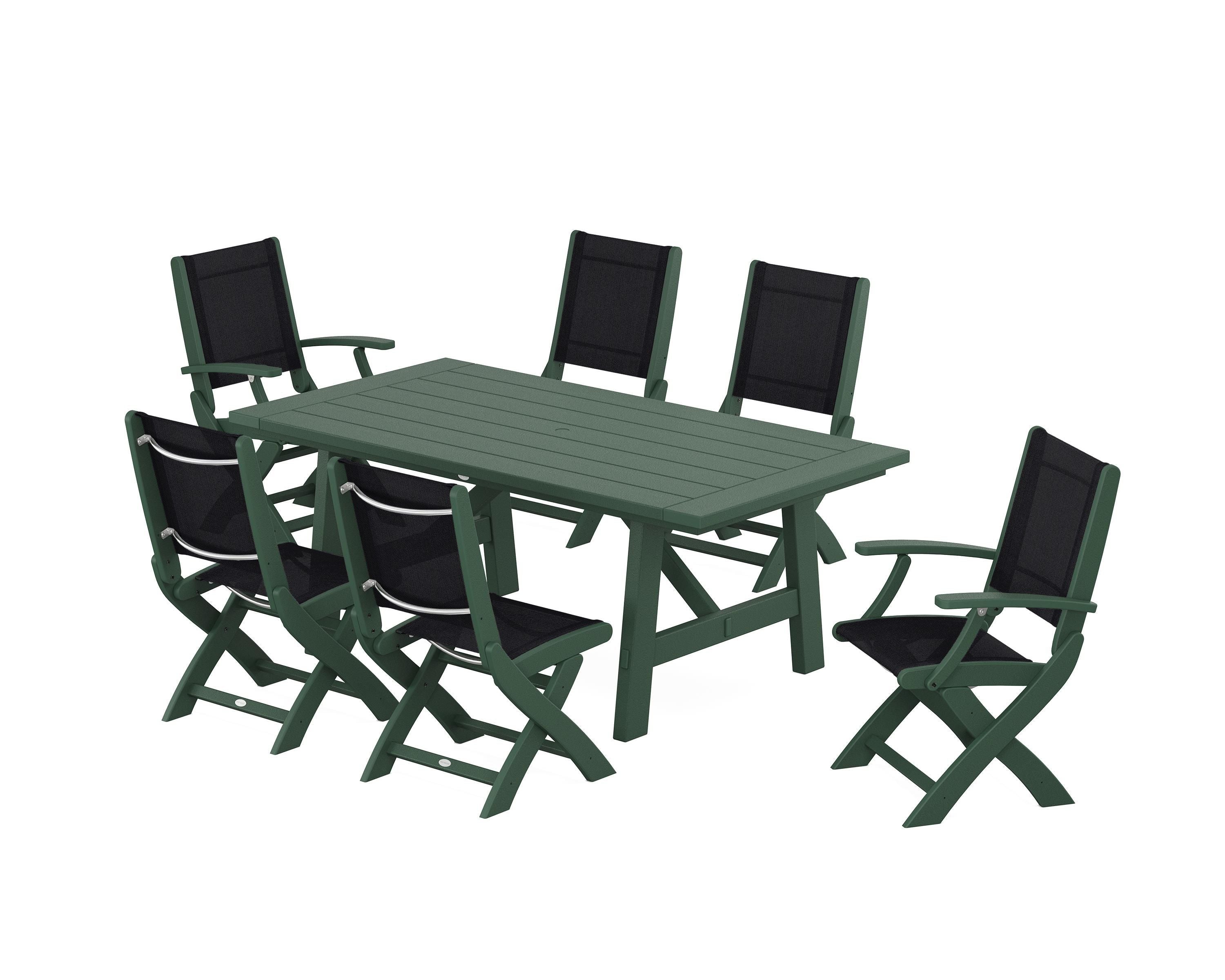 POLYWOOD® Coastal Folding Chair 7-Piece Rustic Farmhouse Dining Set in Green / Black Sling