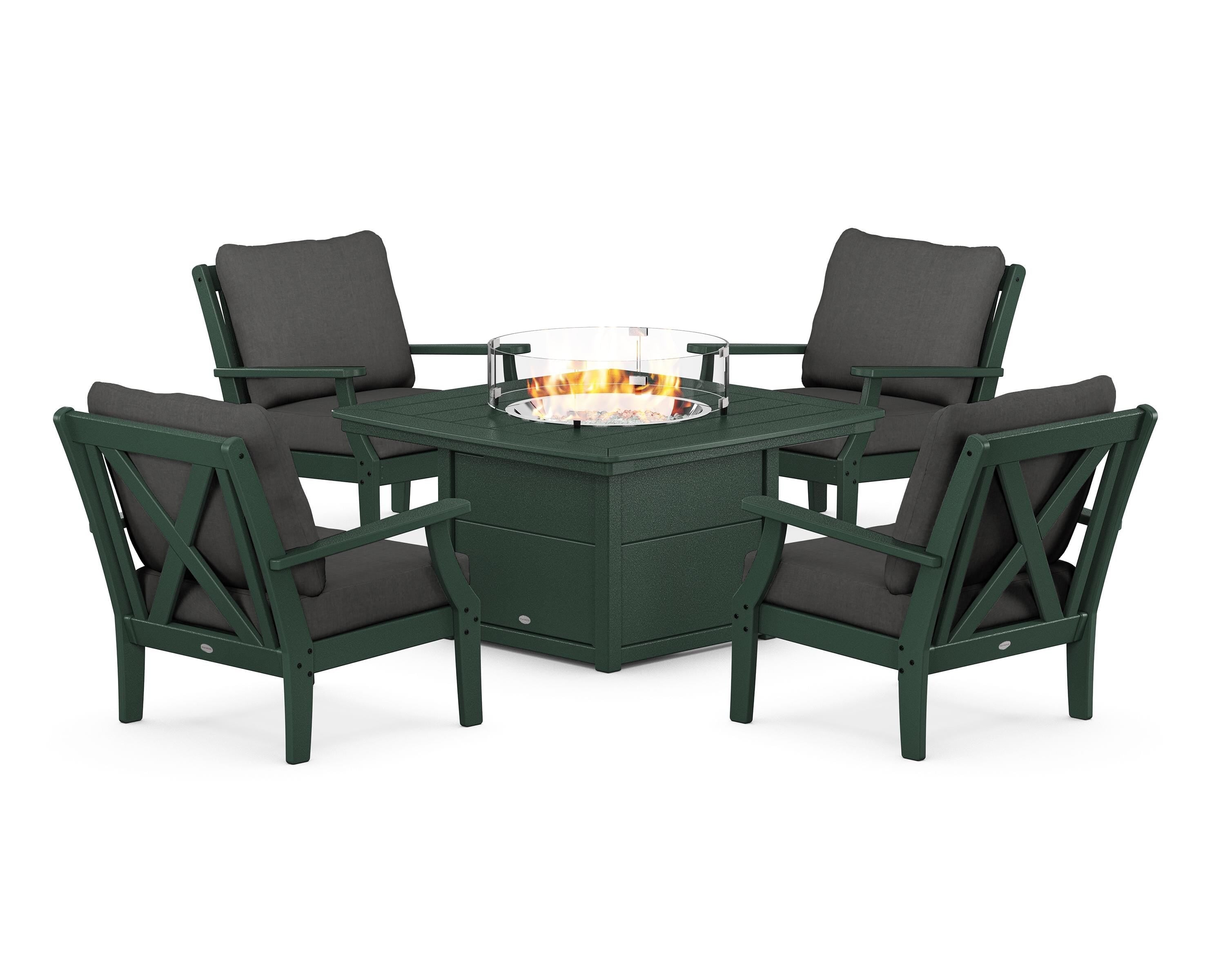 POLYWOOD® Braxton 5-Piece Deep Seating Conversation Set with Fire Pit Table in Green / Spectrum Carbon