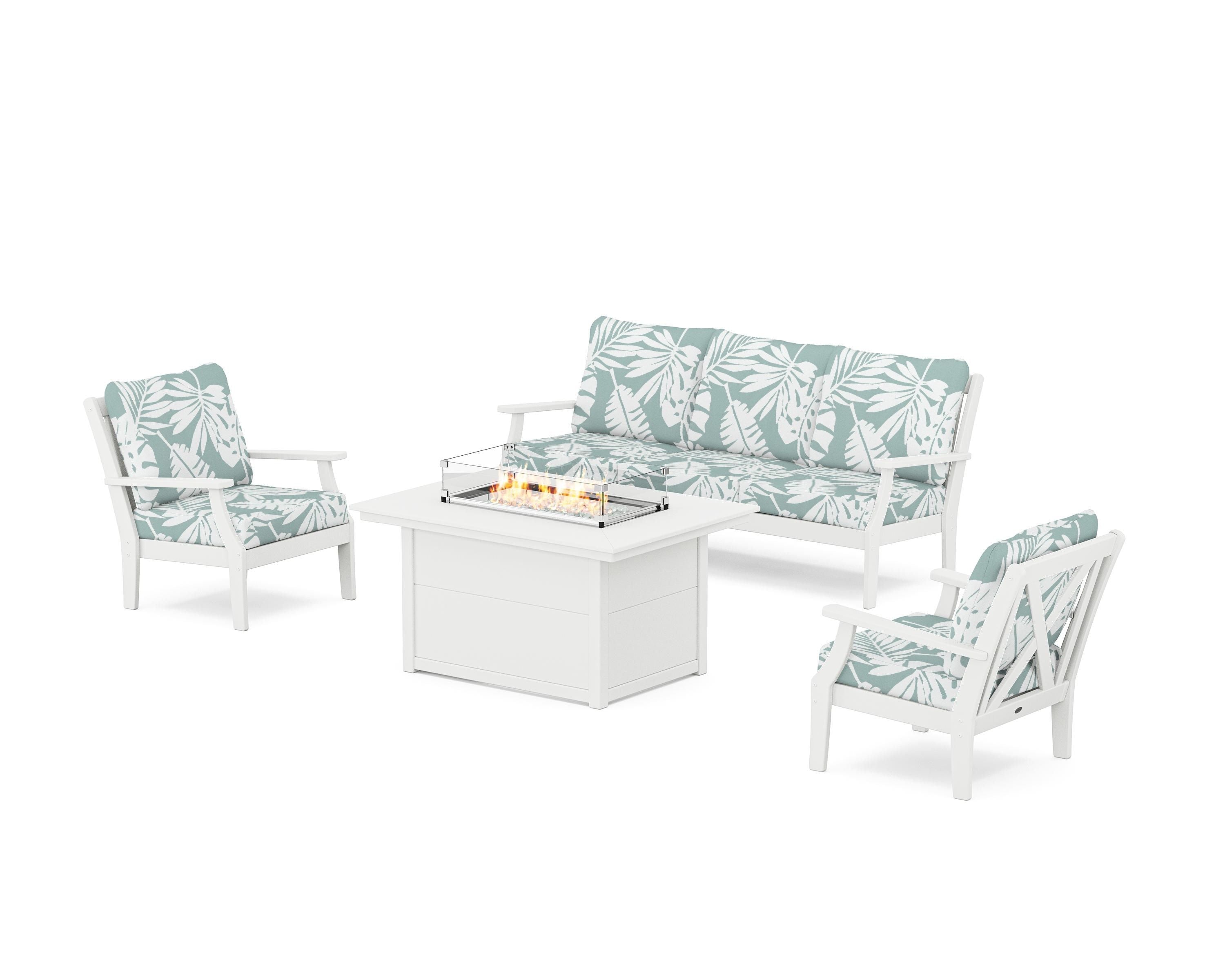 POLYWOOD® Braxton Deep Seating Fire Pit Table Set in White / Leaf Glacier Spa