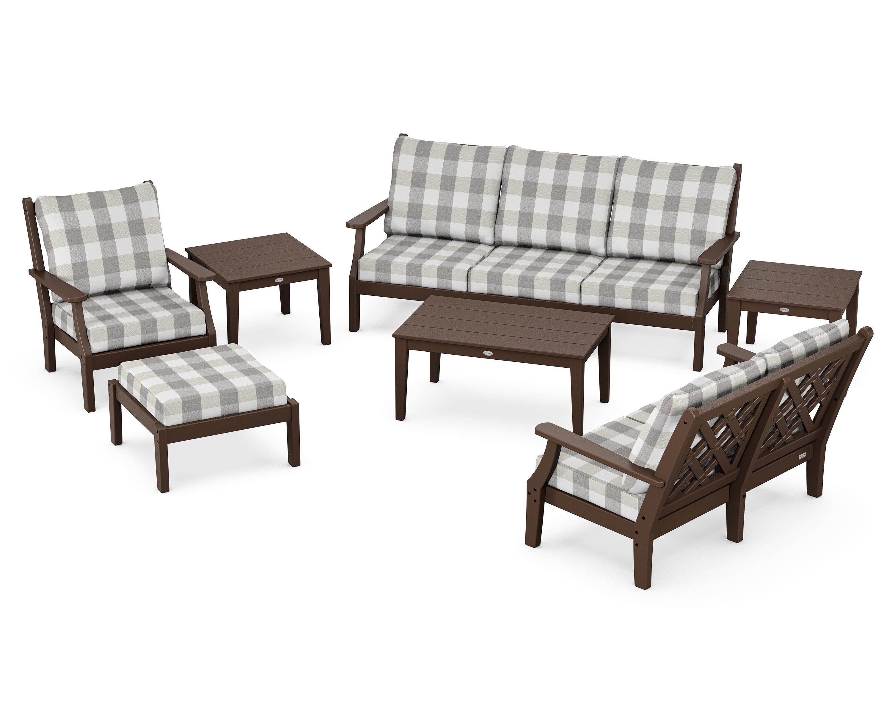 Country Living Wovendale 7-Piece Deep Seating Set in Mahogany / Buffalo Plaid Grey Mist