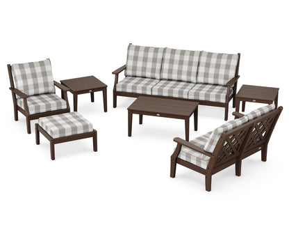Country Living Wovendale 7-Piece Deep Seating Set in Mahogany / Buffalo Plaid Grey Mist