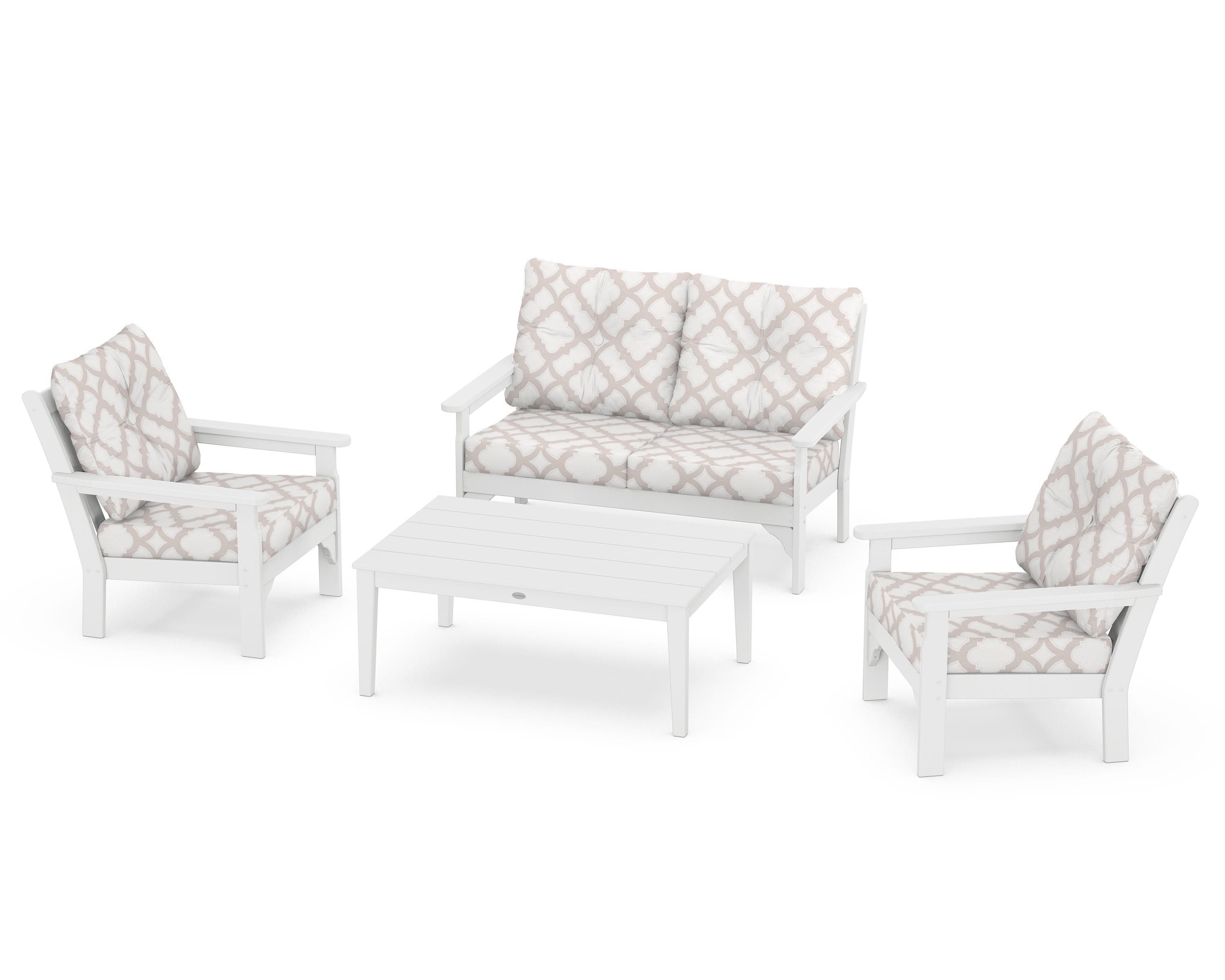 POLYWOOD® Vineyard 4-Piece Deep Seating Set in White / Trellis Dune Burlap