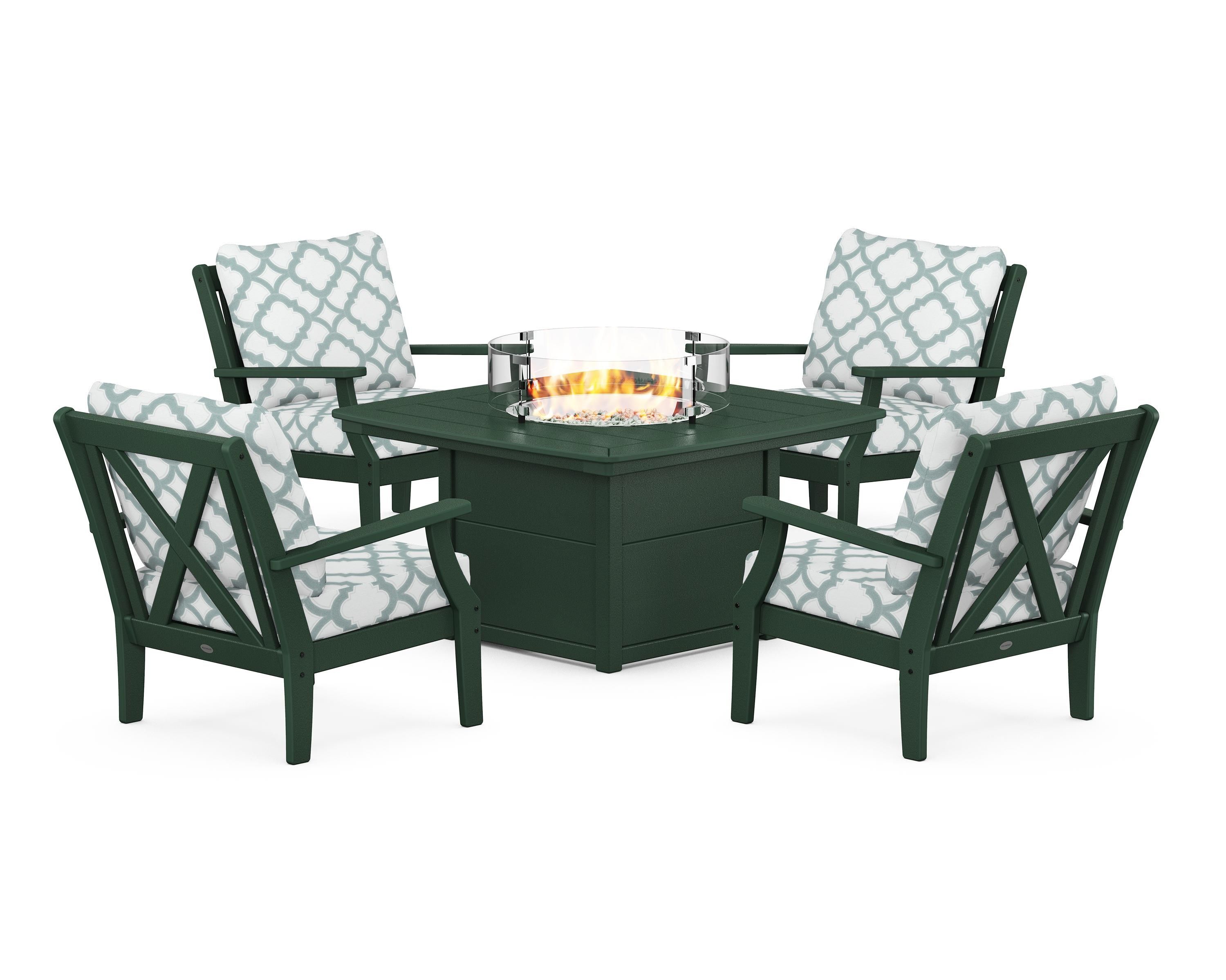 POLYWOOD® Braxton 5-Piece Deep Seating Conversation Set with Fire Pit Table in Green / Trellis Glacier Spa