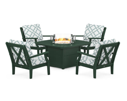 POLYWOOD® Braxton 5-Piece Deep Seating Conversation Set with Fire Pit Table in Green / Trellis Glacier Spa