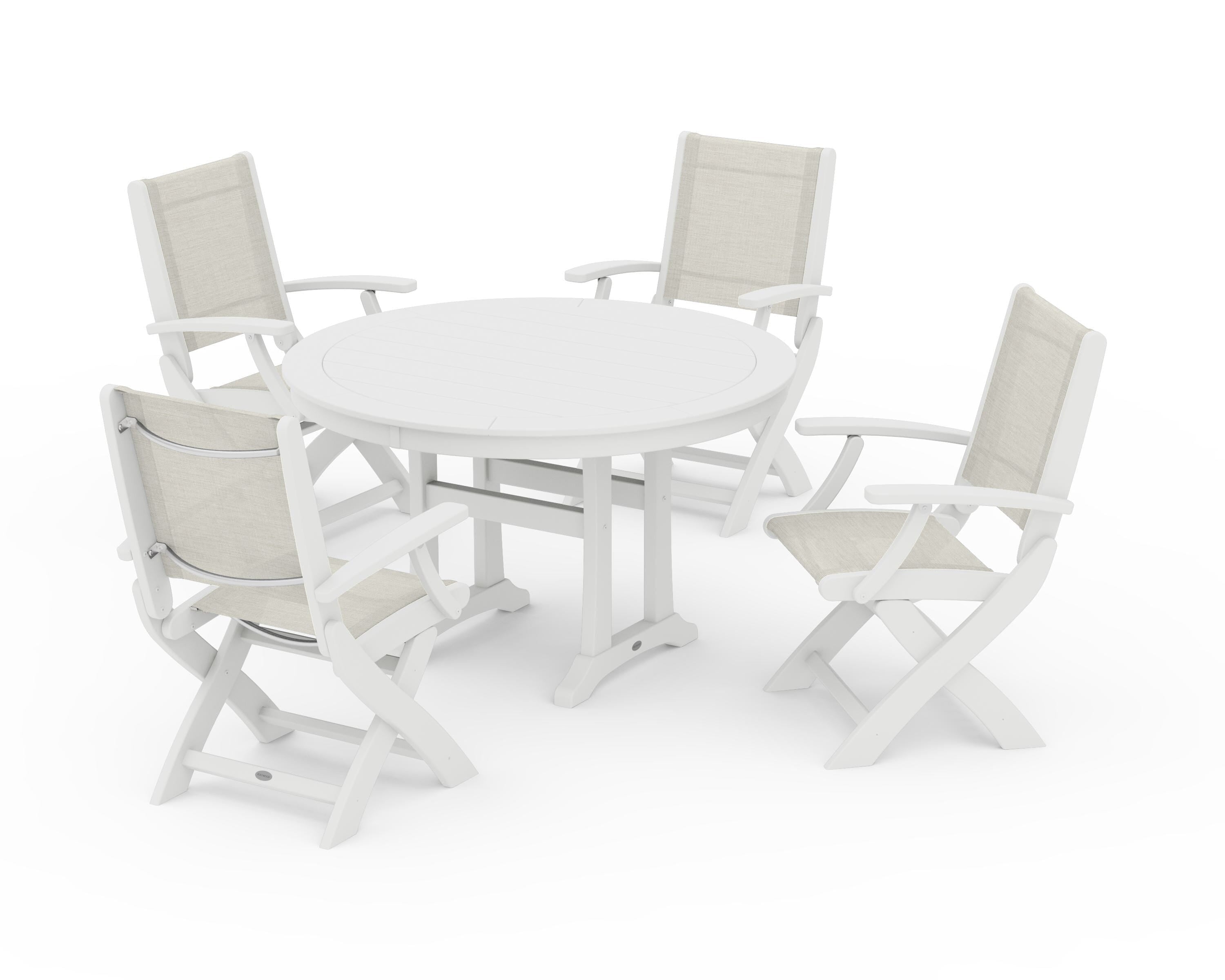 POLYWOOD® Coastal Folding Chair 5-Piece Round Dining Set with Trestle Legs in White / Parchment Sling