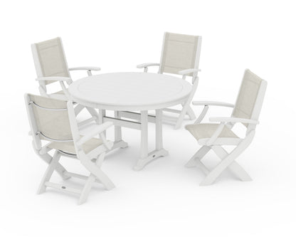 POLYWOOD® Coastal Folding Chair 5-Piece Round Dining Set with Trestle Legs in White / Parchment Sling