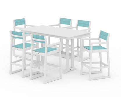 POLYWOOD® EDGE Sling Arm Chair 7-Piece Farmhouse Bar Set with Trestle Legs in White / Dupioni Aquamarine Sling