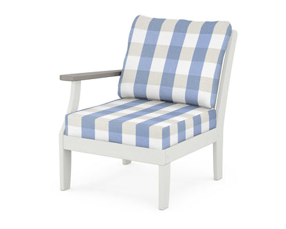POLYWOOD® Braxton Modular Left Arm Chair in White / Driftwood / Buffalo Plaid Sky Blue