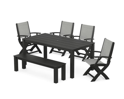 POLYWOOD® Coastal Folding Chair 6-Piece Parsons Dining Set with Bench in Black / Metallic Sling