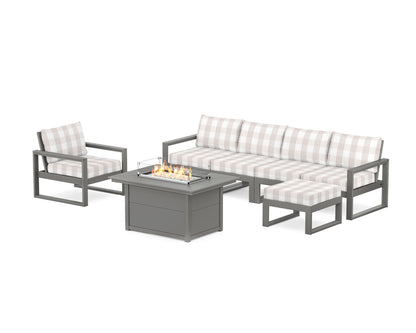 POLYWOOD® EDGE Sectional Lounge and Fire Pit Set in Slate Grey / Buffalo Plaid Dune Burlap