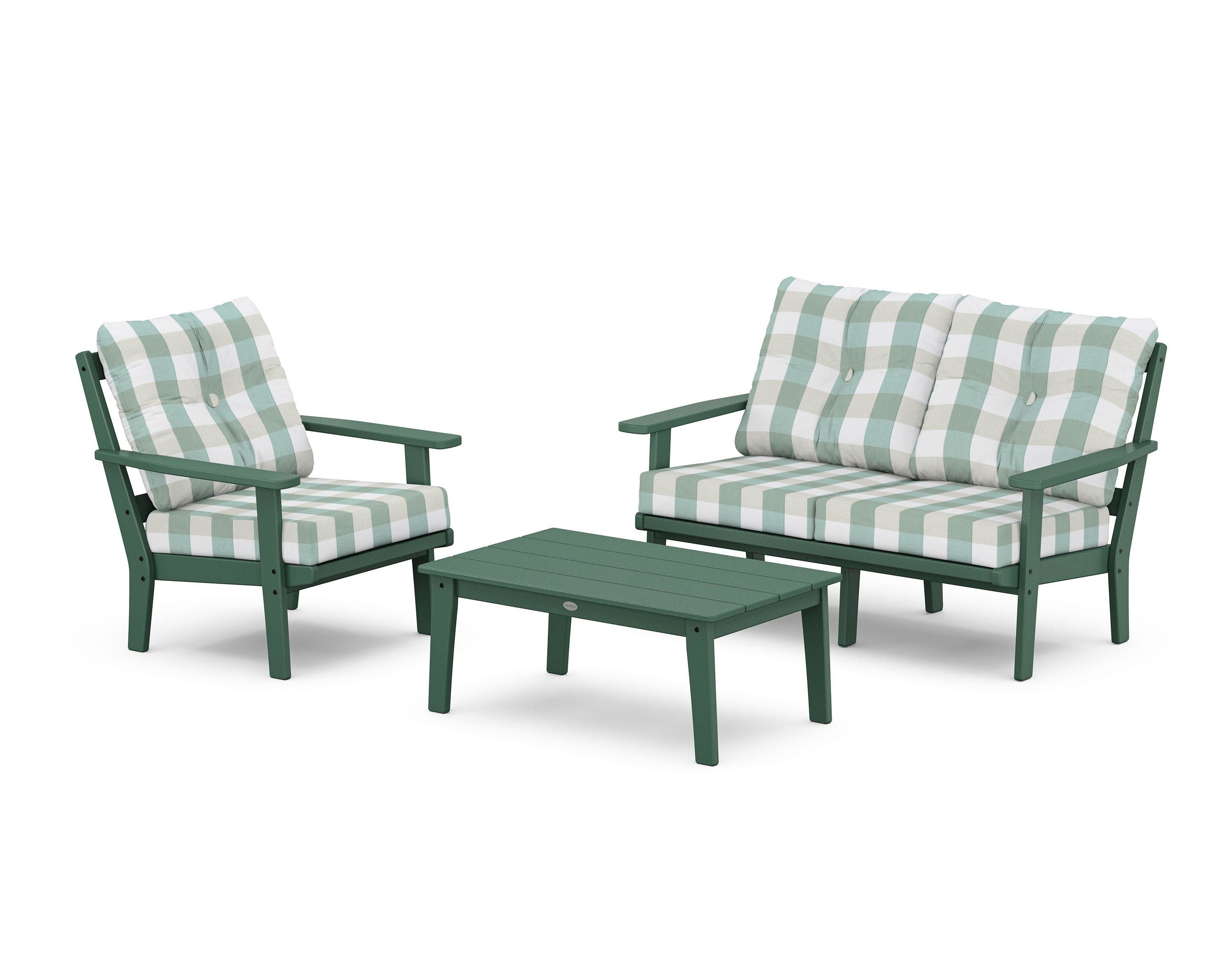 POLYWOOD® Prairie 3-Piece Deep Seating Set with Loveseat in Green / Buffalo Plaid Glacier Spa