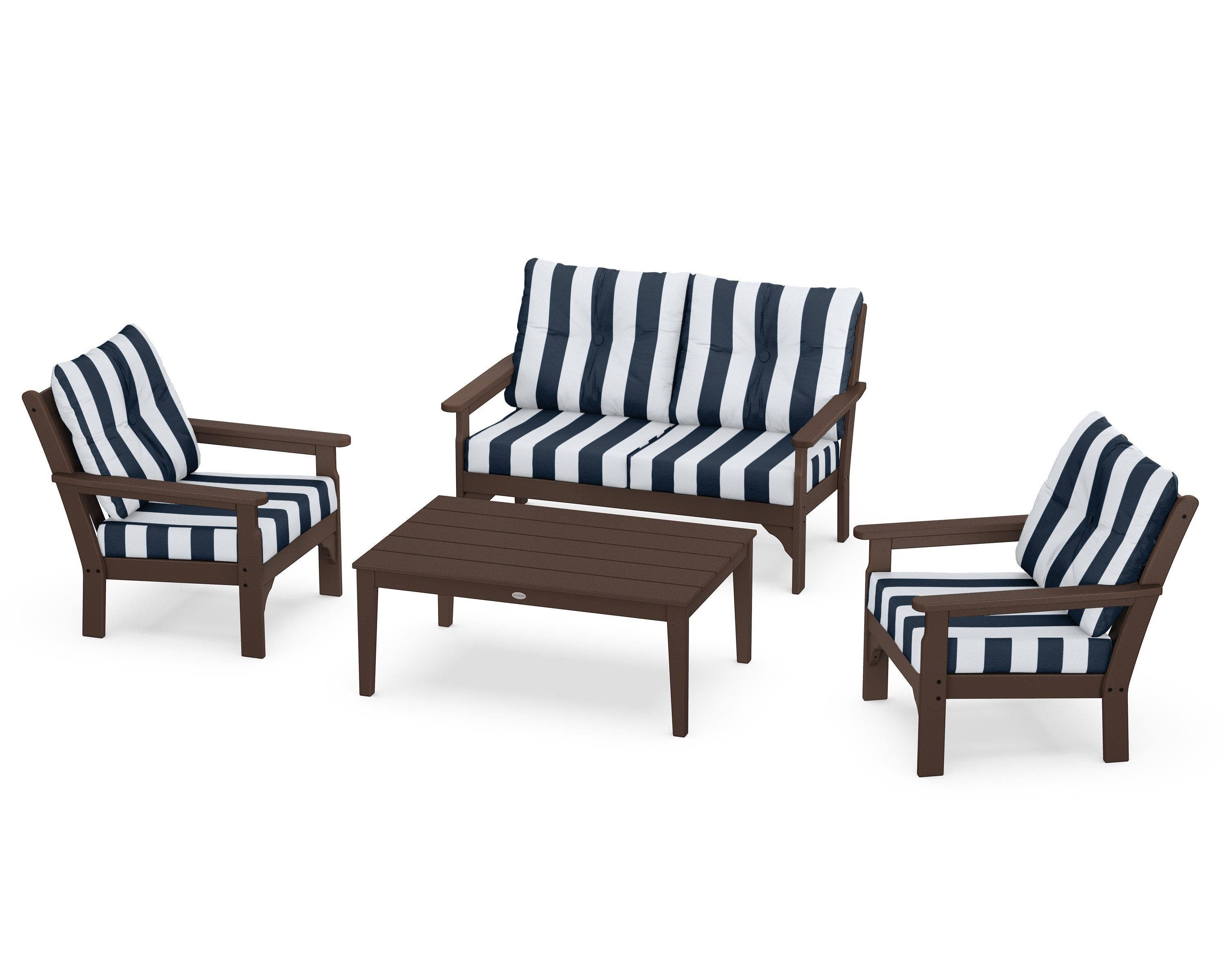 POLYWOOD® Vineyard 4-Piece Deep Seating Set in Mahogany / Cabana Stripe Marine Indigo