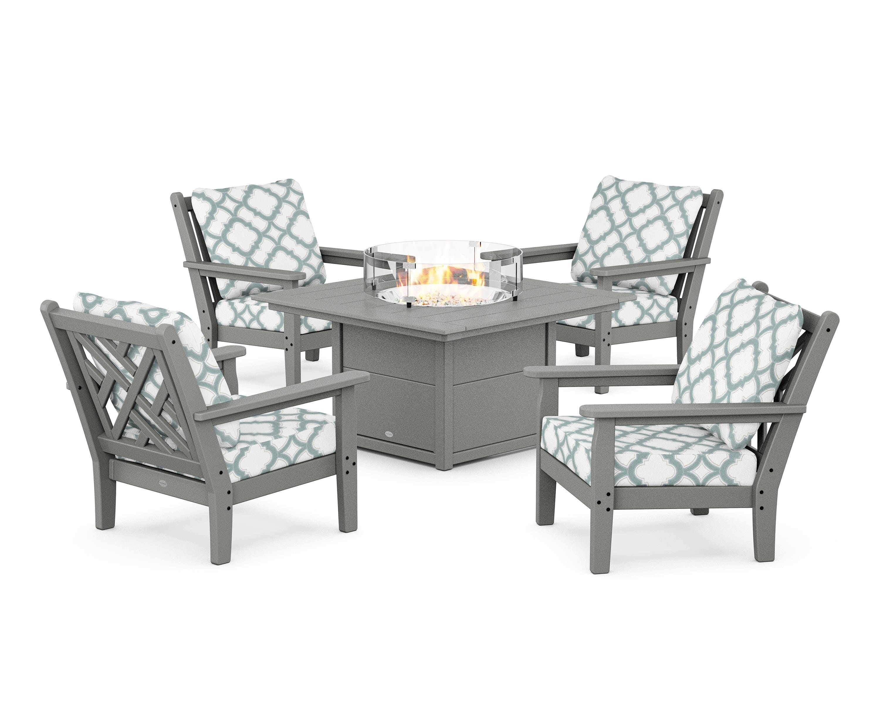 POLYWOOD® Chippendale 5-Piece Deep Seating Set with Fire Pit Table in Slate Grey / Trellis Glacier Spa