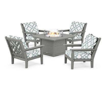 POLYWOOD® Chippendale 5-Piece Deep Seating Set with Fire Pit Table in Slate Grey / Trellis Glacier Spa